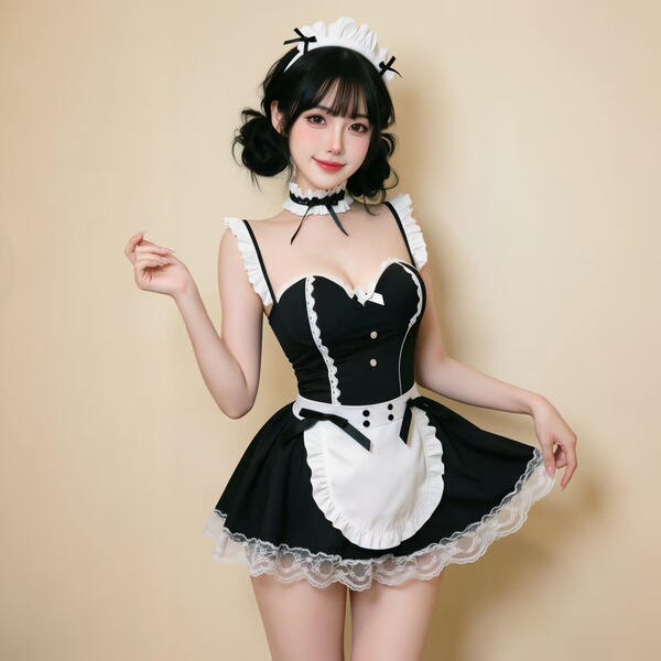 A woman models a black and white maid costume featuring an underwire push-up bra, lace trim, and a frilly apron, perfect for ...
