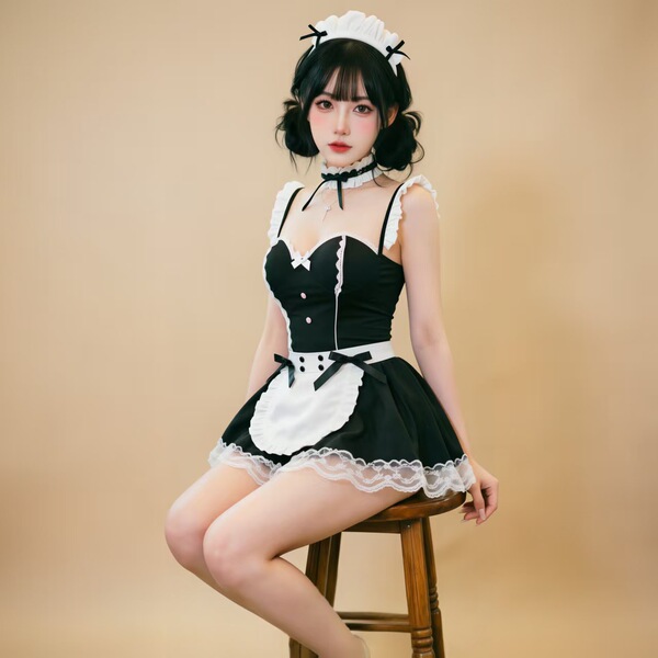 A woman poses in a black and white maid costume featuring lace details, an underwire push-up bra, and a charming apron, perfe...