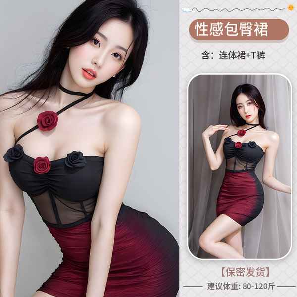 Sexy Lace Lingerie Set - Busty Push-Up Tank Top & Tight Mini Dress, Naughty Nightclub Outfit for Women - Night-bloom floral dress + thong + invisible bra straps