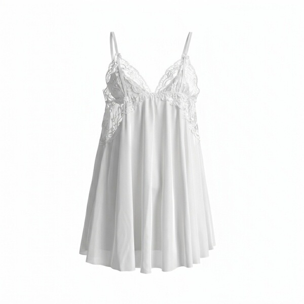 White lace-trimmed sleep dress with sheer fabric, open-crotch design, and cheek-revealing cut for sensual lingerie appeal.