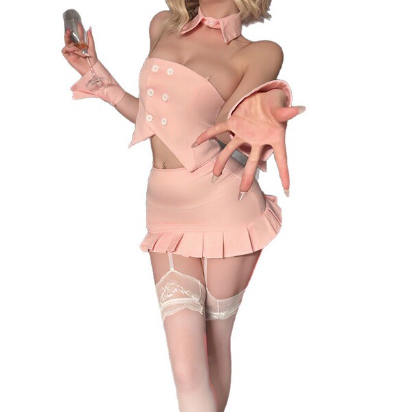 Night-serene sensual modest bustier set - pure-yet-tempting bunny girl lingerie sleepwear outfit featuring a peach-colored to...