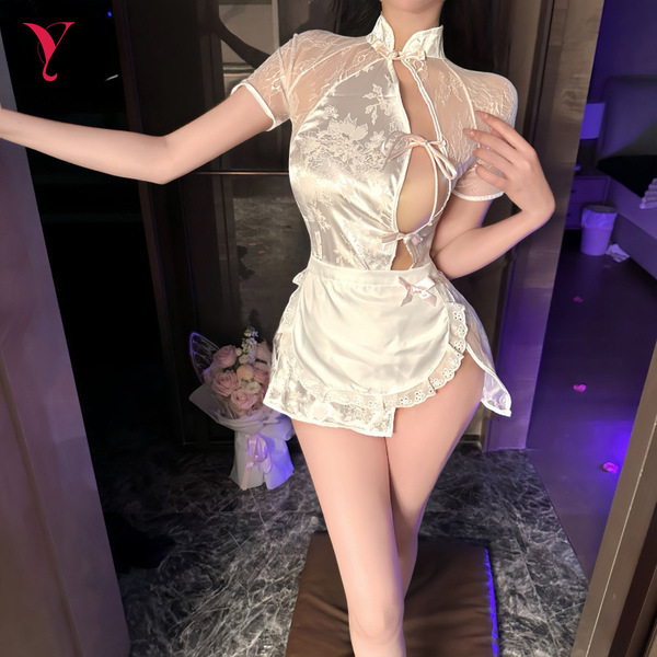 Sexy lace cheongsam nightwear set with split hem design, perfect for club or bedroom use.