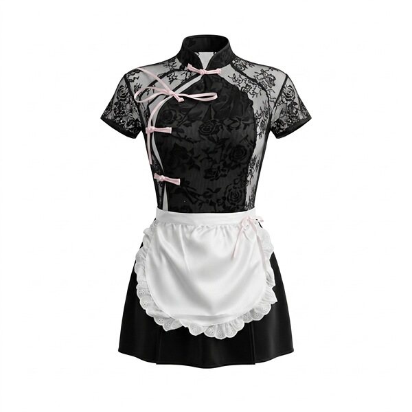 Sexy lace cheongsam nightwear set with split hem design, perfect for club or bedroom outfits.