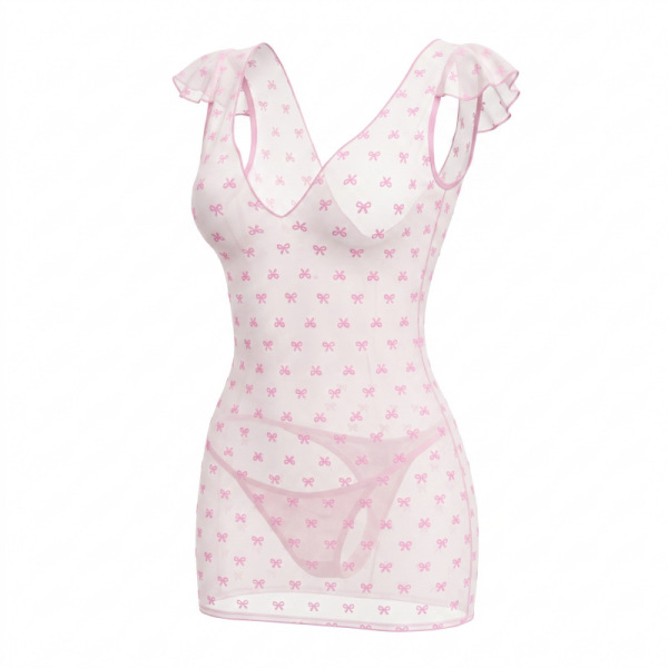 Sheer pink bodycon mini dress with bow print, ruffled straps, and seductive sleepwear design.