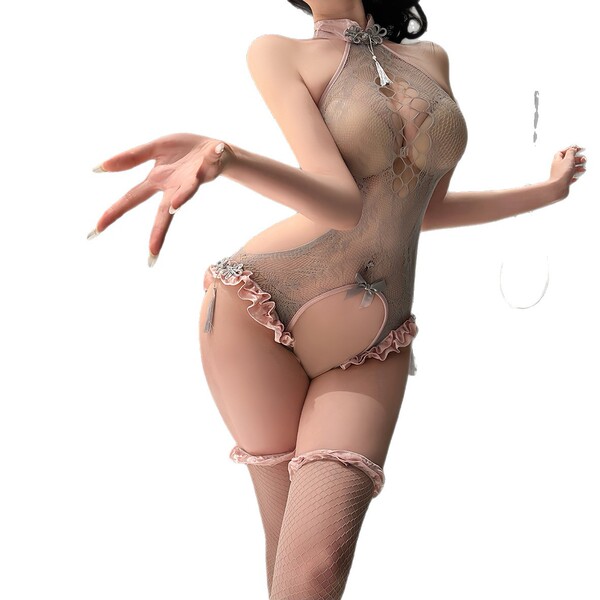 Sheer lace lingerie set with traditional knot buttons, open-crotch design, and ruffled trim for a sensual hanfu-inspired look...