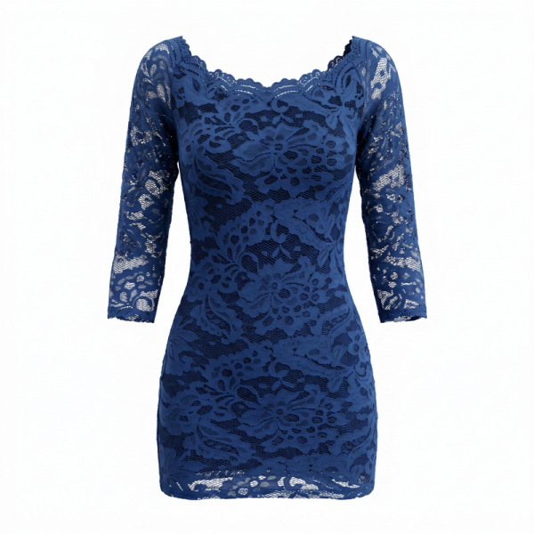 Blue lace bodycon mini dress with three-quarter sleeves and floral pattern, elegant and form-fitting design.