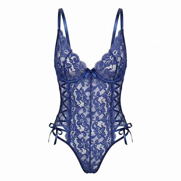 Blue lace bodysuit with sheer cut-outs, adjustable straps, and underwire support.
