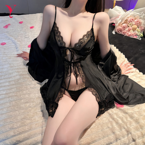 Elegant black night silk lace lingerie set featuring sheer mesh halter top and matching robe, perfect for seductive sleepwear...