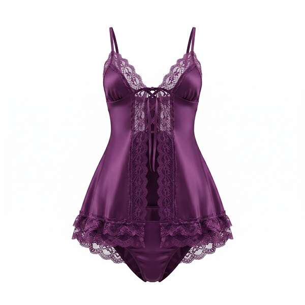 Night silk lace lingerie set - sheer mesh halter nightgown with matching robe, seductive sleepwear ensemble