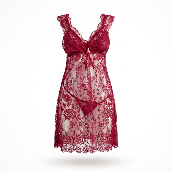 Red lace sleep dress set with sheer floral design, featuring a sexy and elegant nightwear style for passionate evenings.
