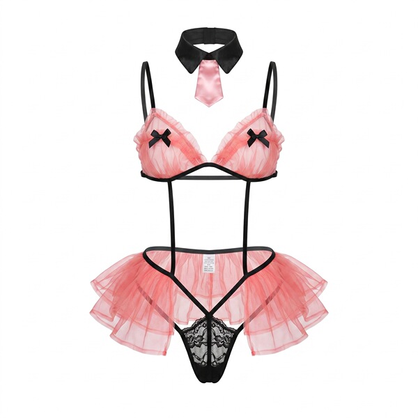 Pink sheer schoolgirl lingerie bodysuit with black trim, bow details, and matching collar tie. sweet playful sleepwear set.