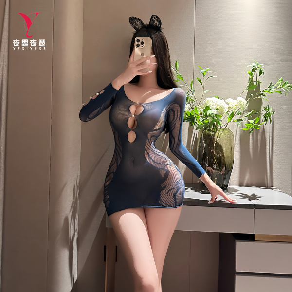 Woman modeling night silk seductive maid costume set, featuring mesh lingerie with cutouts and bunny ears.