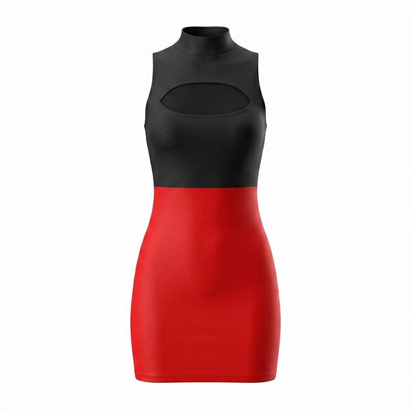 Black and red sleeveless dress with high neck and cutout detail, night-silk seductive secretary outfit for alluring sleepwear...