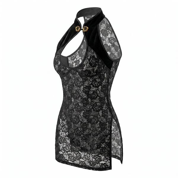 Night silk sensual chinese-inspired cheongsam dress with frog buttons & high slit - black lace outfit