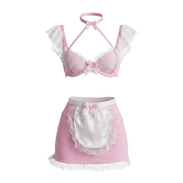 Pink lace maid outfit with deep v bra and apron, designed for a busty look on small busts.