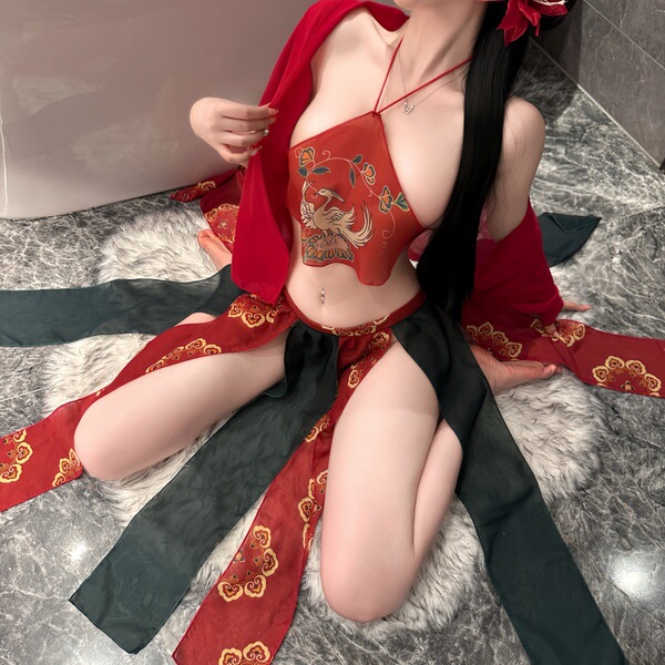 Sensual night silk hanfu lingerie set featuring a flying immortal design, combining erotic allure with traditional cheongsam-...