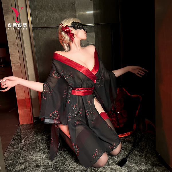 A woman poses elegantly in a black and red night silk sensual hanfu lingerie, featuring intricate floral patterns and a flowi...