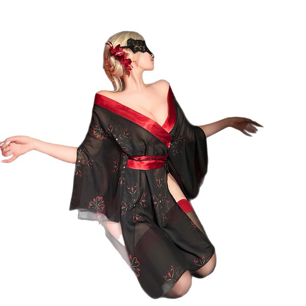 Elegant black night silk sensual hanfu lingerie with red accents, featuring intricate floral patterns and a flowing design in...