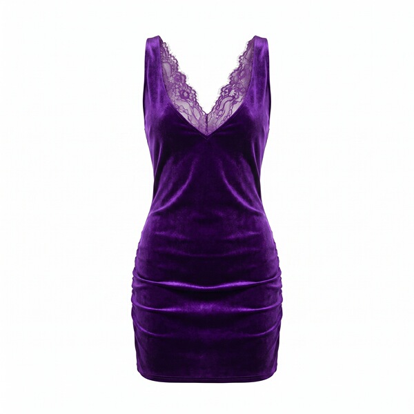 Purple velvet bodycon dress with lace v-neck, perfect for sensual role play and elegant bedroom wear.