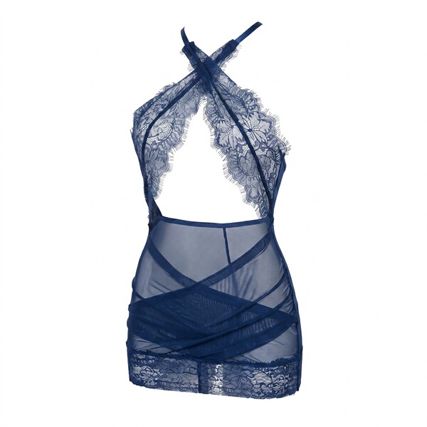 Navy blue lace bodycon sleepwear with sheer mesh panels and crisscross straps, featuring a no-remove design for sensual allur...