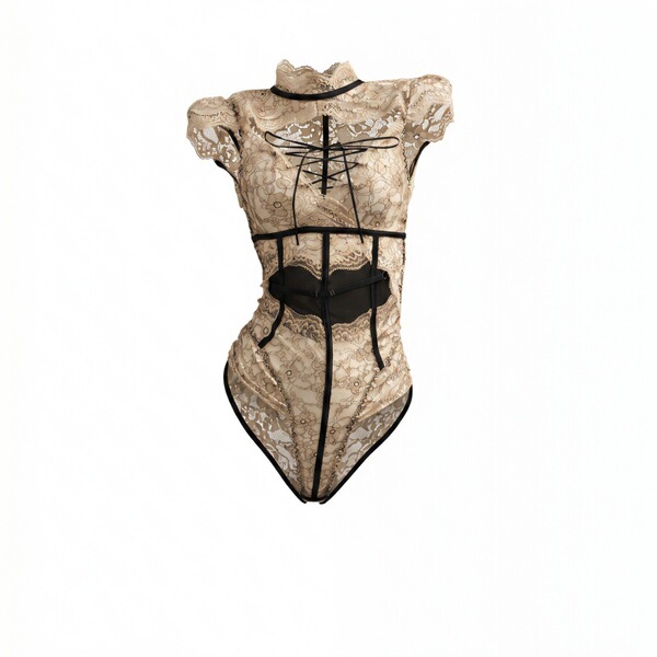 Elegant lace bodysuit with adjustable straps and backless design, featuring intricate floral patterns and a sensual silhouett...