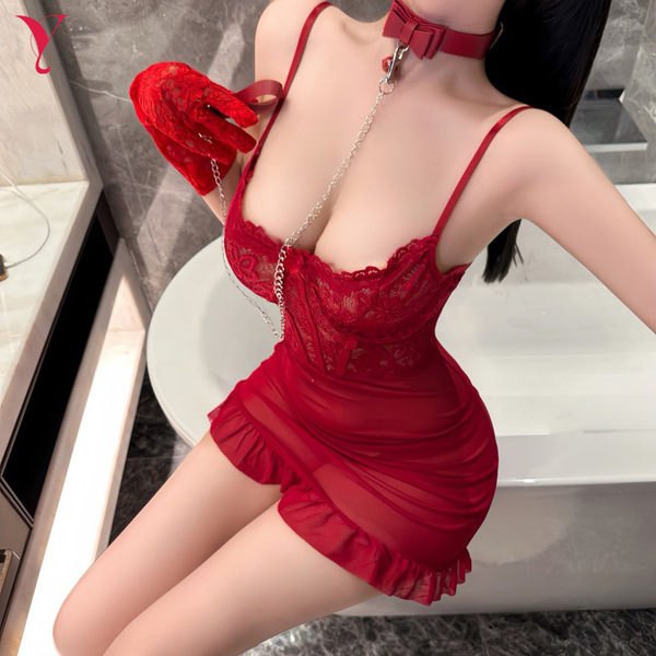 Red lace sheer dress with ruffled hem, wire-free design, sensual camisole style bodycon fit, perfect for sleep or evening wea...