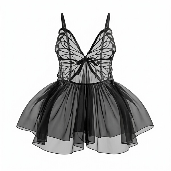 Black lace sleep dress with butterfly bow design, featuring a sheer satin slip and flared skirt for sensual elegance.