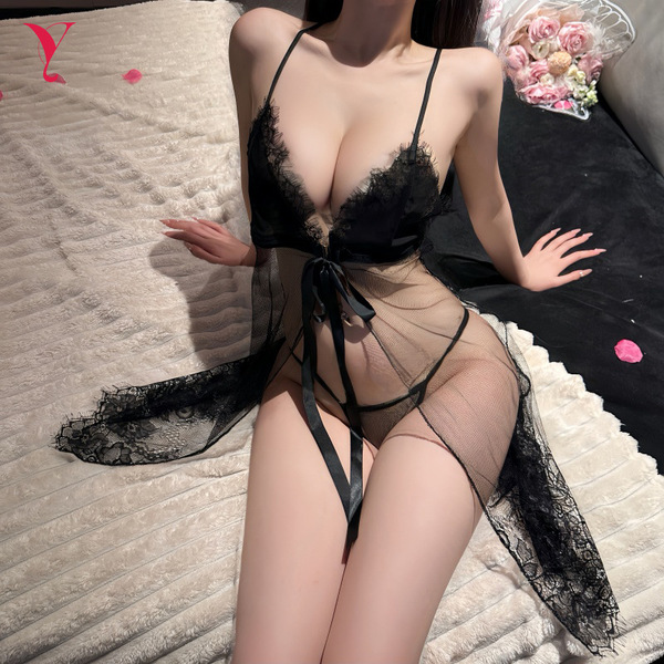 Elegant black night silk sleepwear featuring sheer lace design, push-up detail, and delicate floral accents for sensual allur...