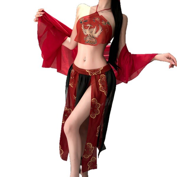 Elegant hanfu-inspired sensual costume featuring a red phoenix design, perfect for women seeking a night-time allure with int...