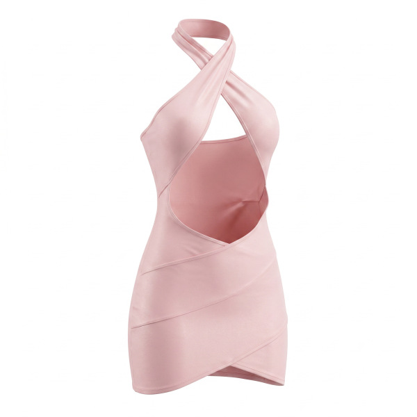 Pink backless bodycon nightdress with chest cutout and halter straps - night silk sensual sheer sleep dress
