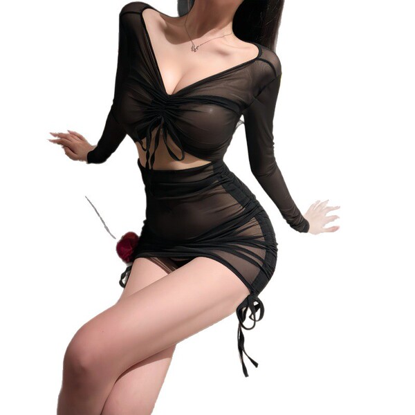 Woman wearing black sheer bodycon dress with long sleeves, deep v-neck, and side ties. night silk sensual sheer bodycon dress...