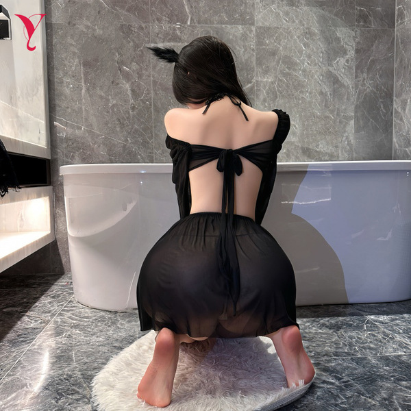 Sensual black sheer lace sleep dress with open back design, perfect for evening wear.