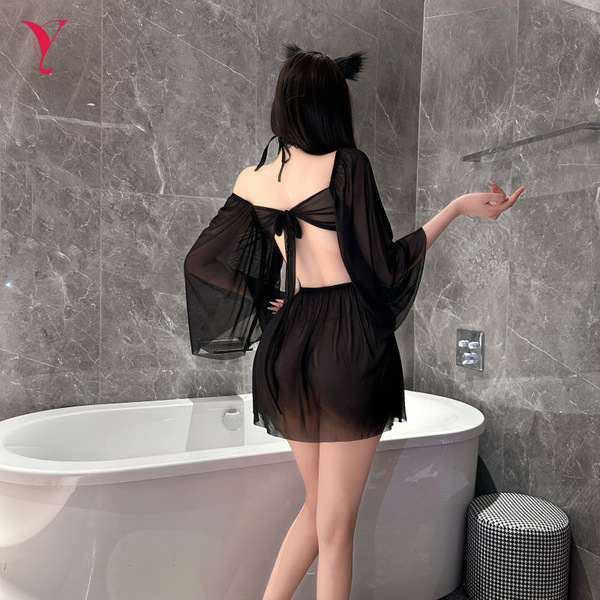 Sexy night dress featuring sheer mesh fabric, open back design, and cat ears, perfect for intimate wear.