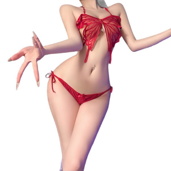 Woman modeling red butterfly lingerie set with adjustable ties, featuring a sexy bikini top and matching bottom.