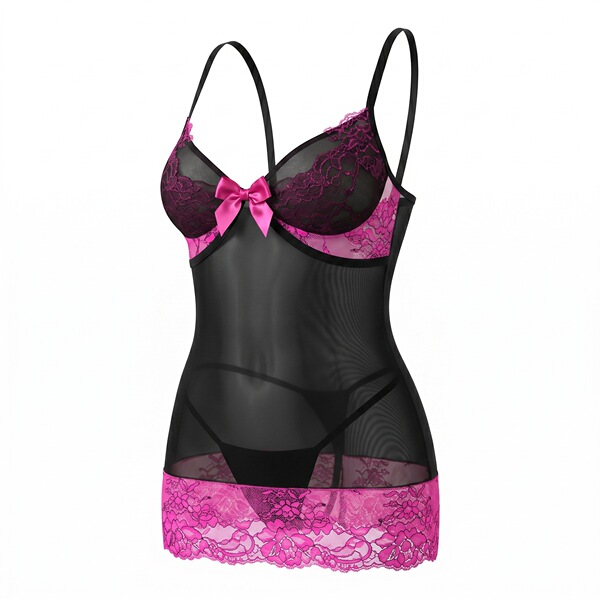 Sheer black mesh mini dress with pink lace trim and bow, paired with matching thong – seductive night silk lingerie set.