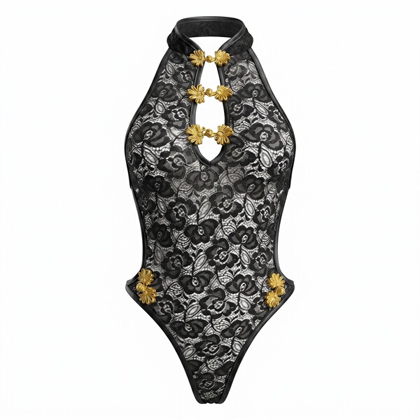 Vintage-inspired sheer lace costume featuring gold accents, perfect for women seeking elegant nightwear with a retro flair.