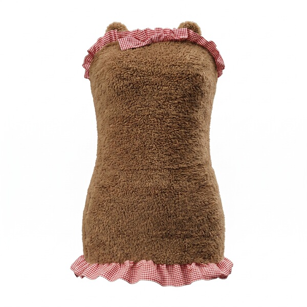 Sexy plaid lace and bow bear-themed backless maid sleep dress for women, featuring plush texture and playful design.