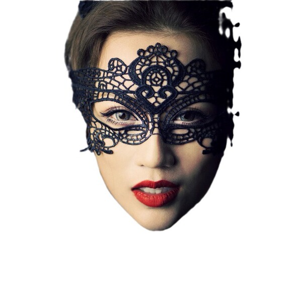 Woman wearing black lace blindfold from nightclub queen lingerie set, featuring intricate floral design and bold red lips for...