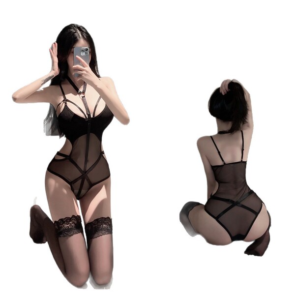Woman modeling black sheer mesh lingerie set with lace trim, front and back views. nightclub queen sexy lingerie for women.