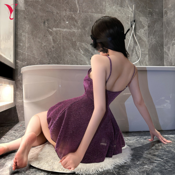 Woman in purple shiny lace slip dress, back view, sitting by bathtub. nightse sexy lace slip dress - shiny clubwear bodysuit ...