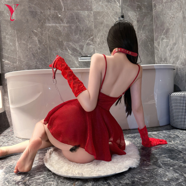 Woman in red lace slip dress with matching gloves, posing on bathroom floor. nightse sexy lace slip dress - shiny clubwear bo...