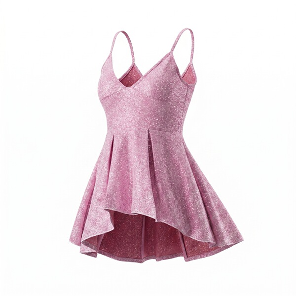 Pink shiny lace slip dress with flared hem, perfect for clubwear or sleepwear.