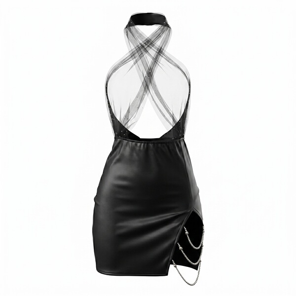 Black mesh halter bodycon mini dress with lace-up back and chain detail, perfect for seductive date night outfits.