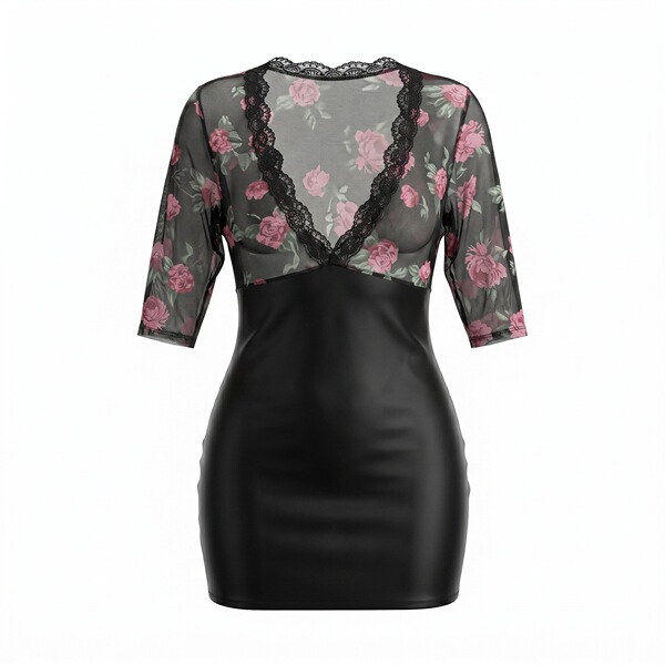 Sexy nightsi nightse dress featuring deep v neckline, floral lace details, and black leather skirt for a pure yet tempting lo...