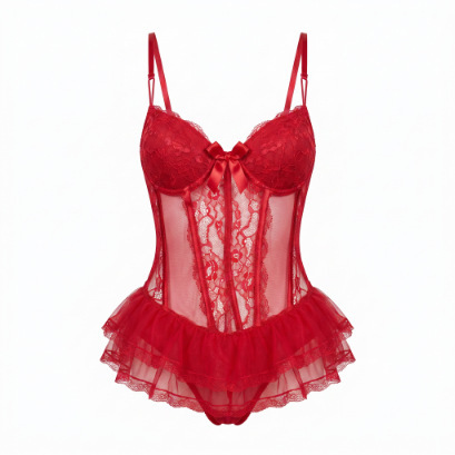 Sexy red lace teddy set with push-up design and slimming straps, perfect for small busts. ideal sleepwear featuring elegant d...