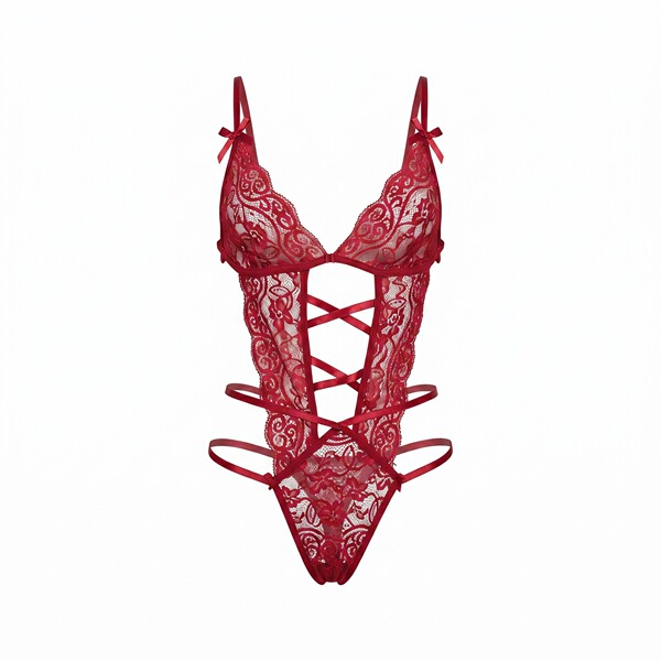 Red lace thong bodysuit with crisscross straps and bow details, perfect for valentines day.