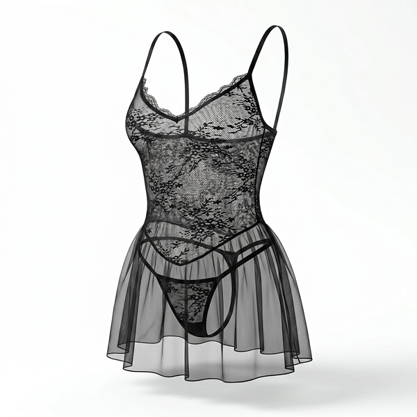 Black sheer mesh lingerie dress with lace and stockings, seductive sleepwear for women by nightsi nightse.