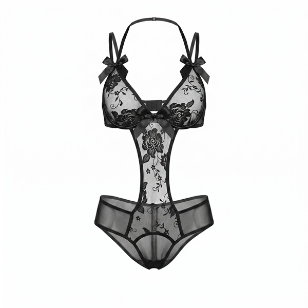 Sheer black lace bodysuit with floral embroidery, bow accents, and open-crotch design for a tempting, elegant look.