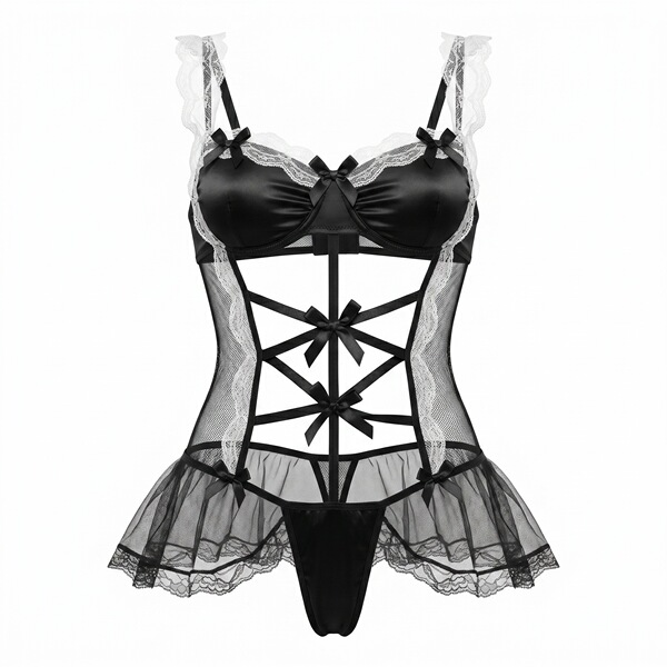 Nightsigh lace seductive sleepwear set - sheer mesh maid costume for small bust, tear-away erotic lingerie outfit with lace d...