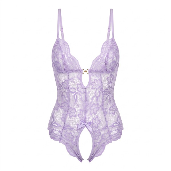 Lavender lace bodysuit with open-crotch design, featuring floral patterns and delicate straps for a seductive adult costume l...